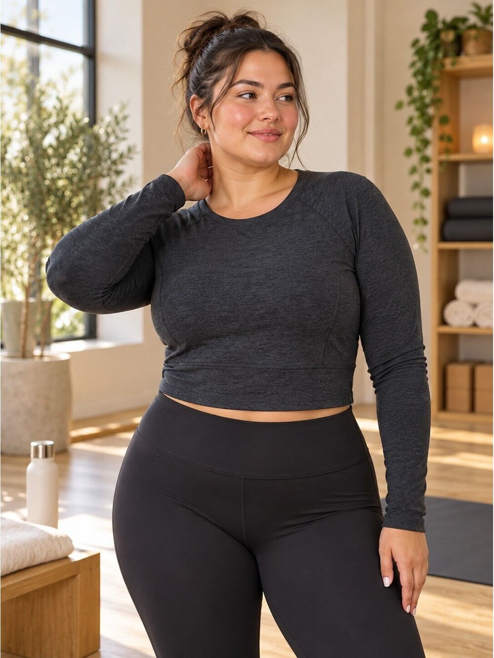 Beyond Yoga Spacedye Charcoal Long Sleeve Cropped Top Large Size Large - NWOT